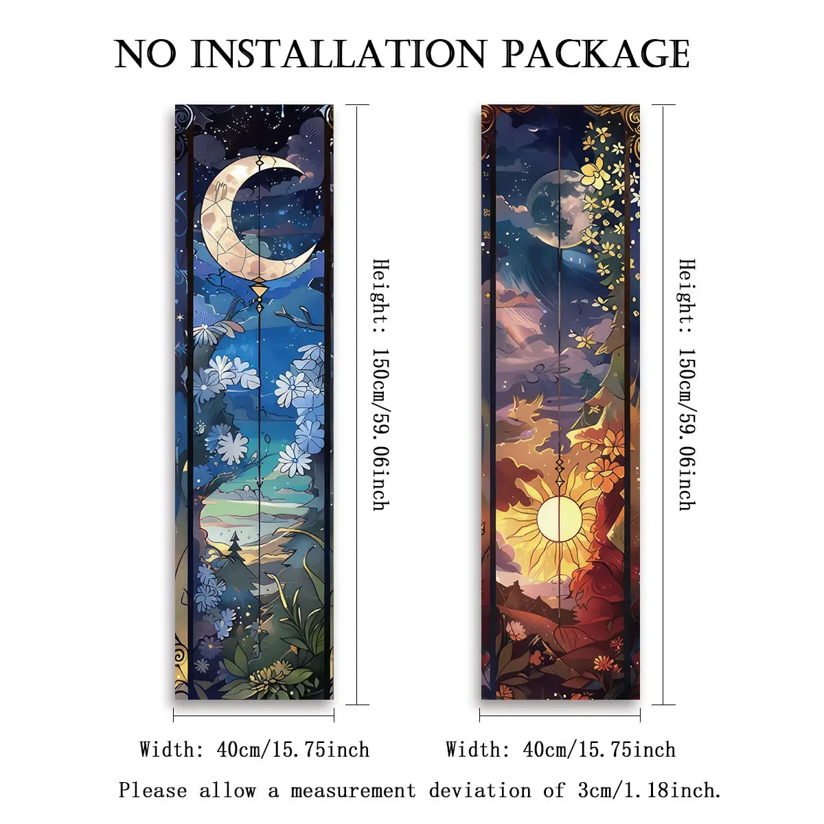 Vertical tapestry wall hanging featuring a crescent moon and floral elements in blue and purple tones.