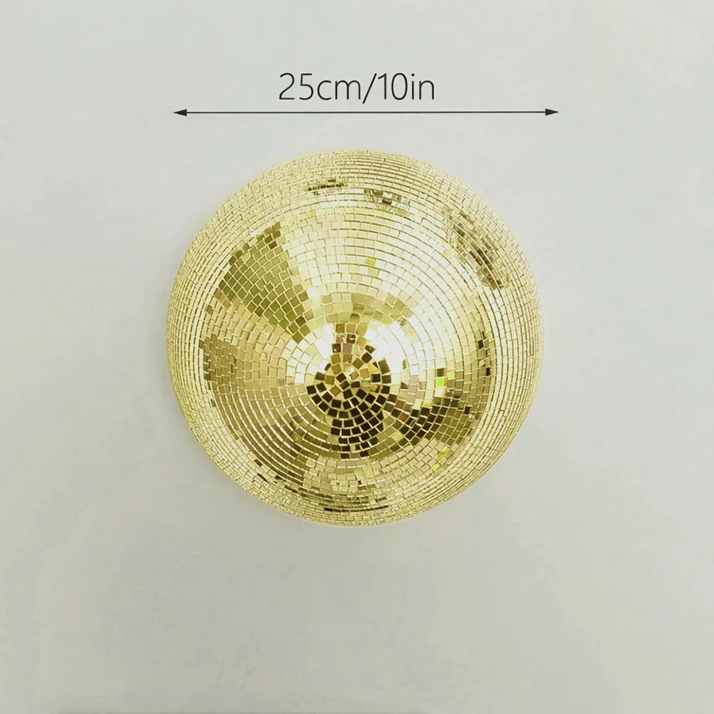 Round gold mosaic disco ball wall decor measuring 25cm or 10 inches.