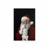 A painting of a bearded man in a red Santa hat holding a mug against a dark background.