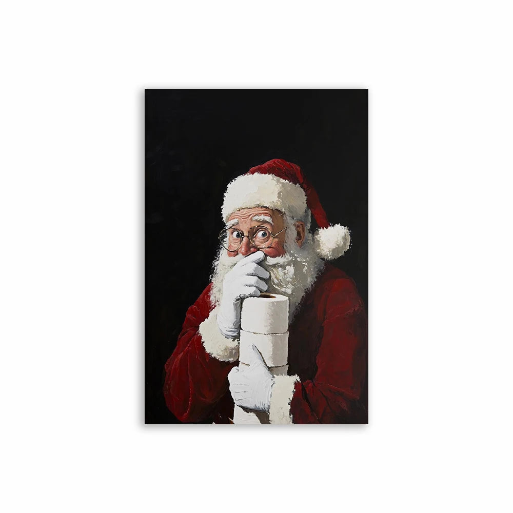 A painting of a bearded man in a red Santa hat holding a mug against a dark background.