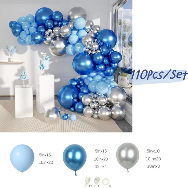A set of blue and silver balloons forming an arch for party decorations