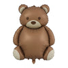 A brown foil balloon teddy bear with large ears and a round body.