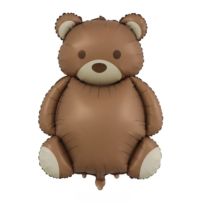 A brown foil balloon teddy bear with large ears and a round body.