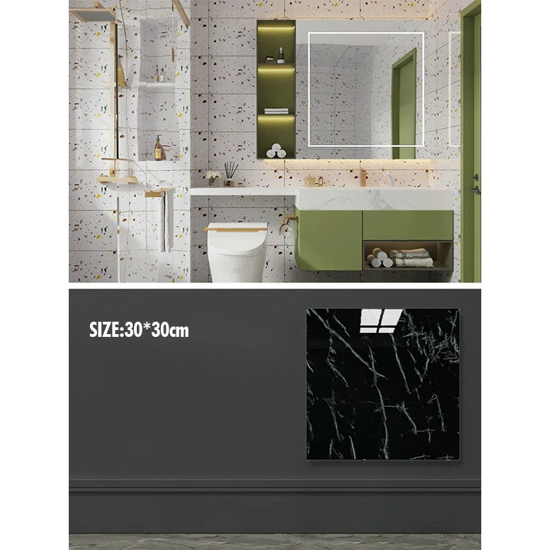 A modern bathroom or kitchen wall featuring marble-patterned decals and a green vanity cabinet.