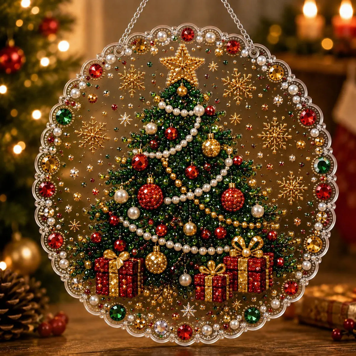 A round clear acrylic ornament featuring a detailed Christmas tree decorated with pearls, glitter, and gold accents.