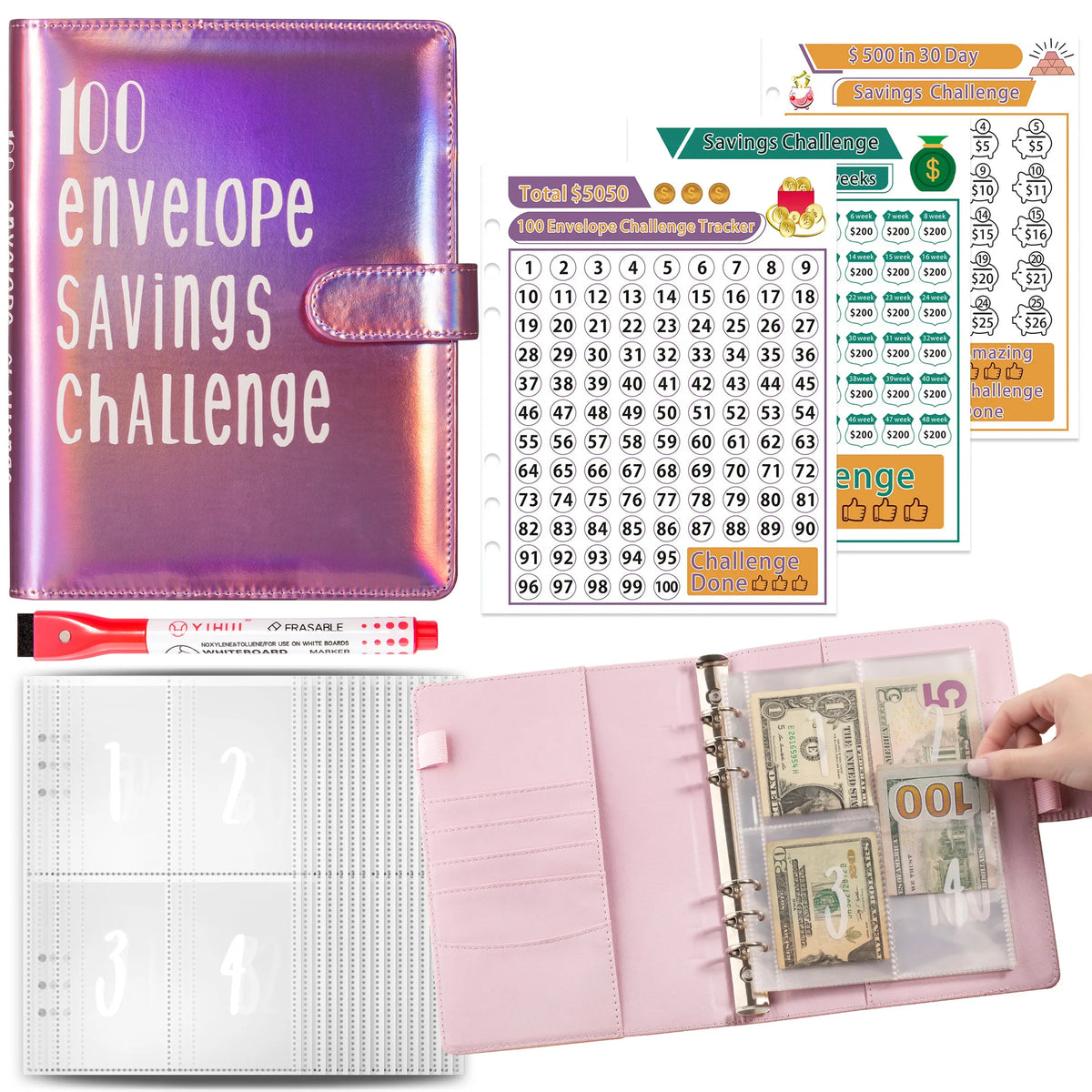 A pink binder for a 100 envelope savings challenge with trackers and cash envelopes.