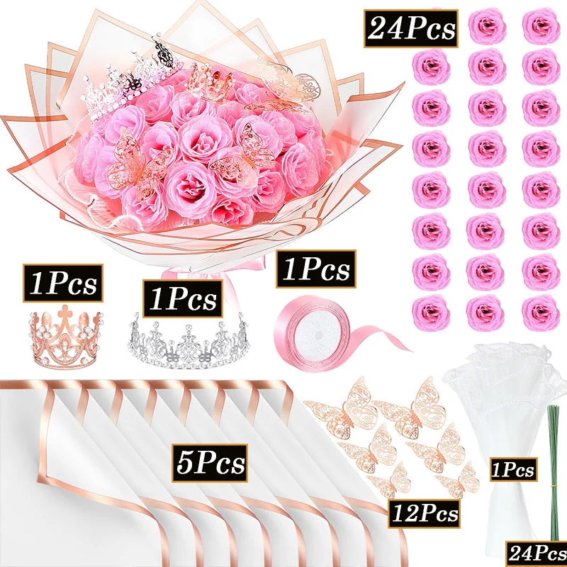 Glitter artificial rose bouquet kit featuring pink roses, crown, and various floral components.
