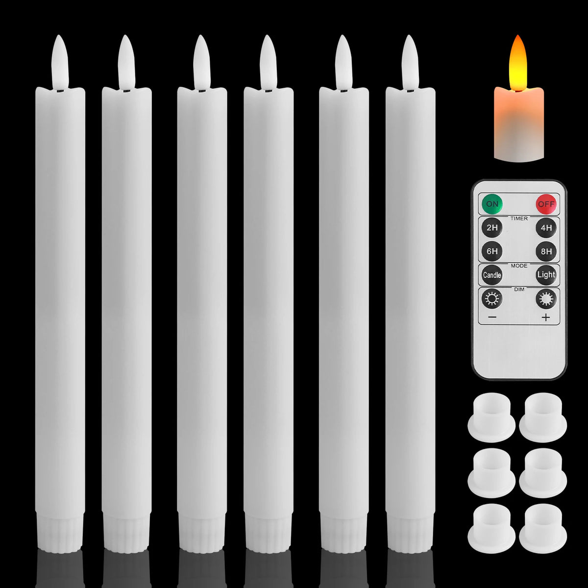 A set of white flameless LED taper candles with a remote timer displayed vertically.