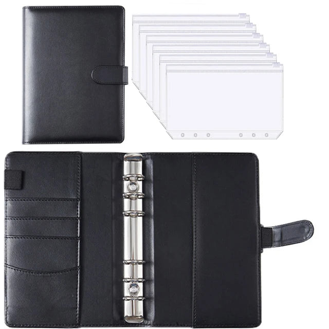 Black A6 PU leather budget planner binder with cash envelopes and expense sheets
