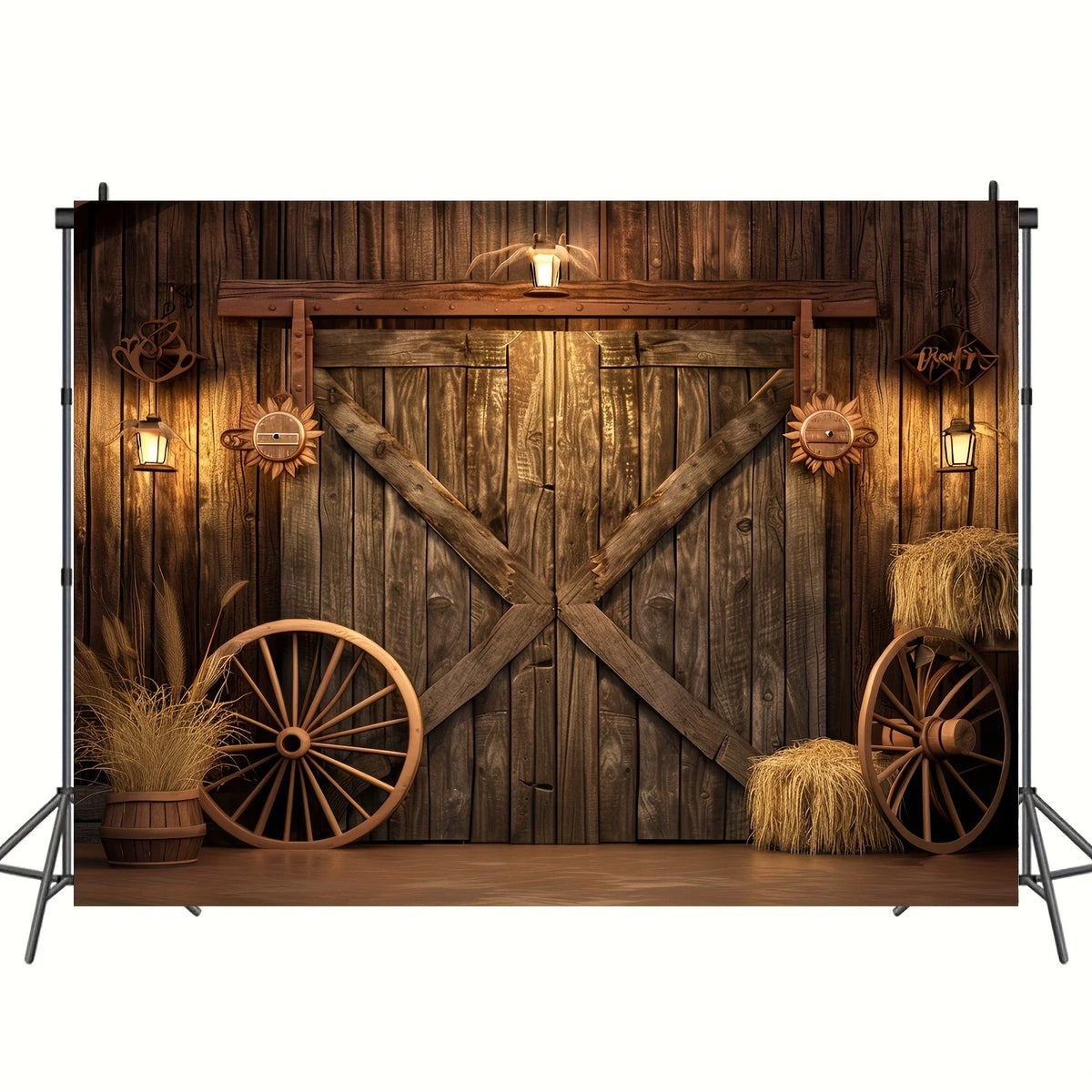 A rustic wooden backdrop featuring a weathered barn door design with cross bracing and decorative lighting for party decorati