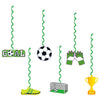 A set of green string decorations leading to a soccer ball, a net, and a gold trophy.
