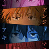 A vertical anime poster featuring four characters with distinct hair colors and intense expressions.