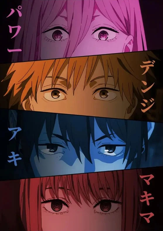 A vertical anime poster featuring four characters with distinct hair colors and intense expressions.