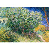 A vibrant oil painting depicting a lush green tree covered in blue flowers and yellow foliage under a blue sky.