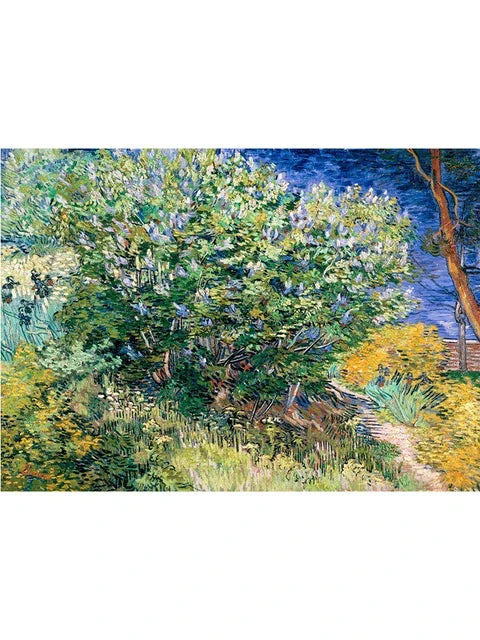 A vibrant oil painting depicting a lush green tree covered in blue flowers and yellow foliage under a blue sky.