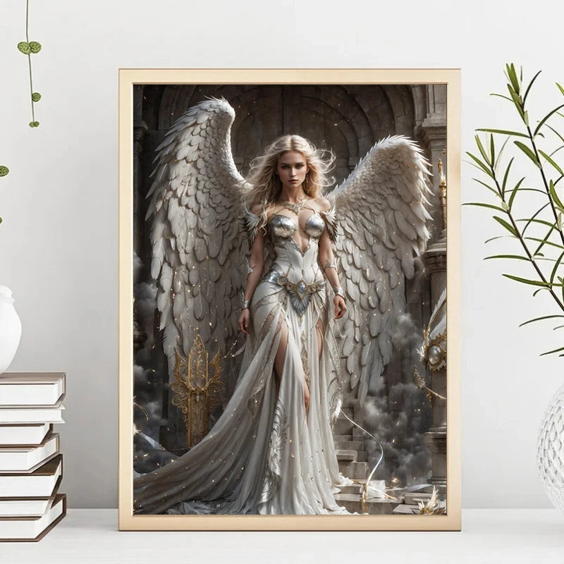 Canvasdruck einer weiblichen Angel mit großen gefiederten Flügeln in dramatischer, ätherischer Pose.
