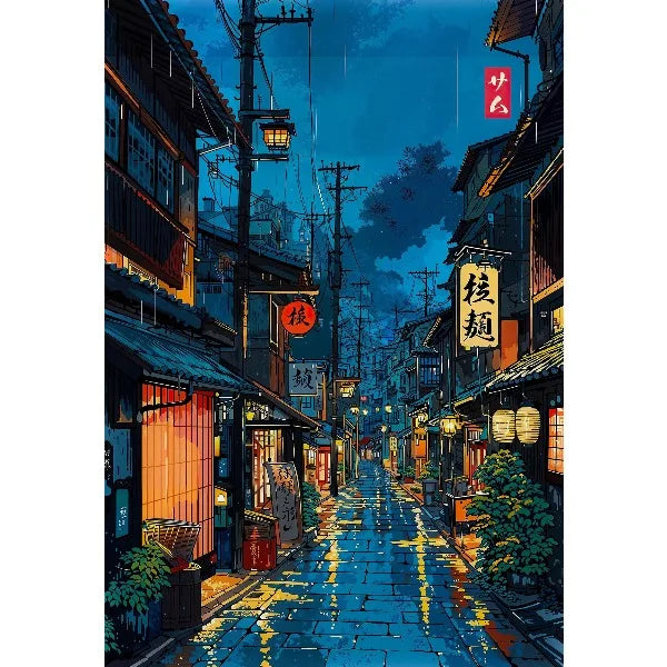 A vertical painting depicting a narrow, wet street in an anime city at night with traditional Japanese buildings and lanterns
