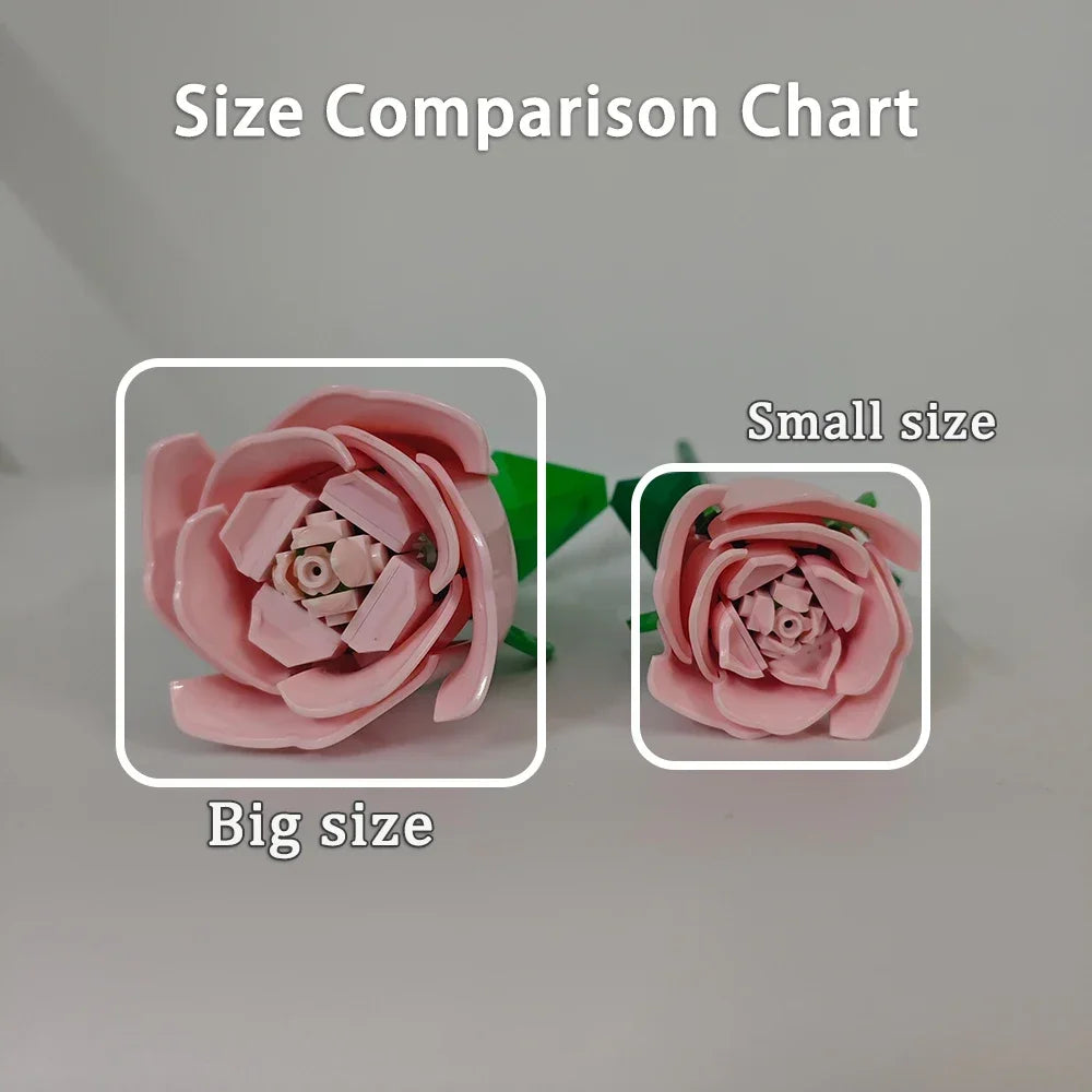 Comparison chart showing a big size and small size of pink DIY rose flower building blocks.