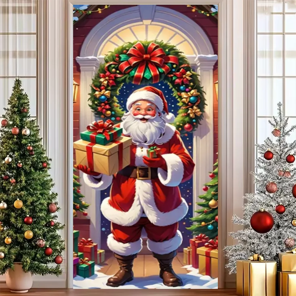 Merry Christmas Party Decoration Door Cover with Santa, Snowman & Reindeer Design