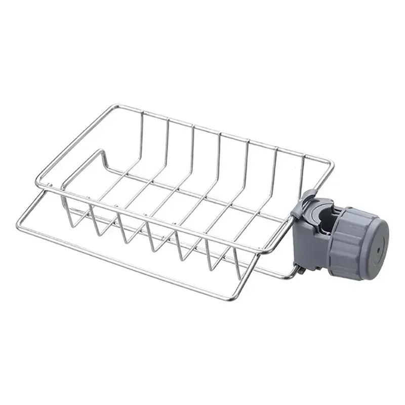 Faucet-mounted kitchen organizer featuring a stainless steel drying rack and sponge holder.