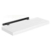 A white wooden floating wall shelf with a black mounting bracket.
