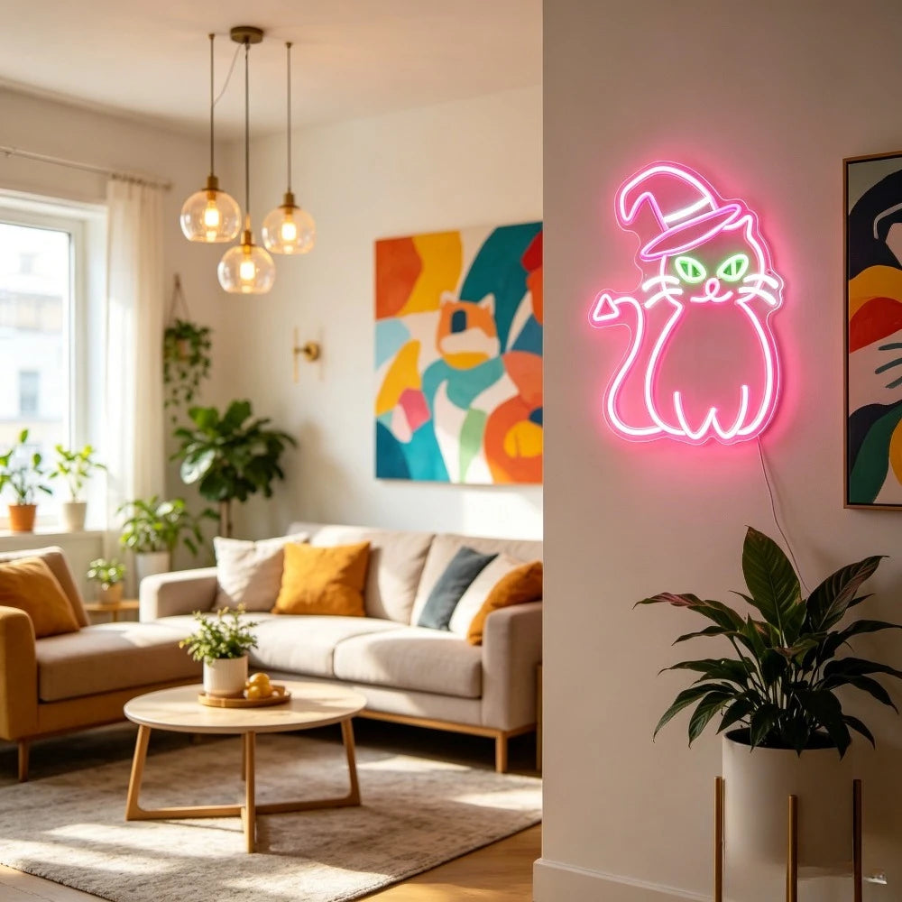 A neon light sign shaped like a black cat is mounted on a white wall in a modern living room setting.