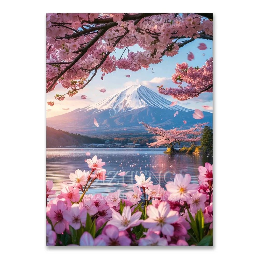 A vibrant diamond painting depicting cherry blossoms and Mount Fuji under a blue sky.