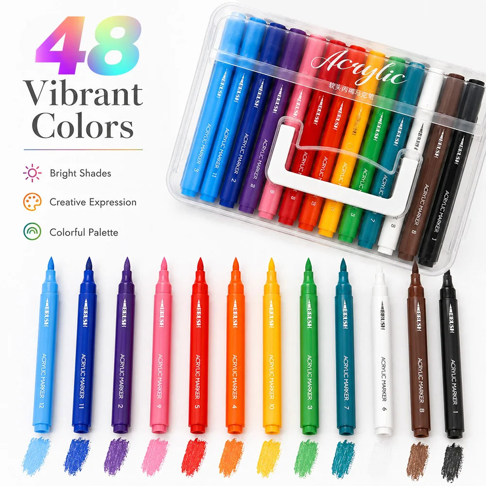 A set of 48 vibrant acrylic paint markers in various shades displayed alongside a clear plastic container.