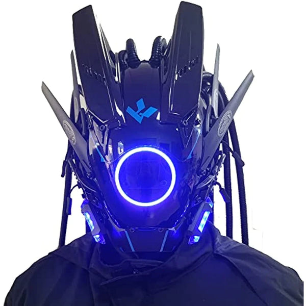 A close-up of an illuminated cyberpunk role-play mask with black armor and a bright blue circular light.