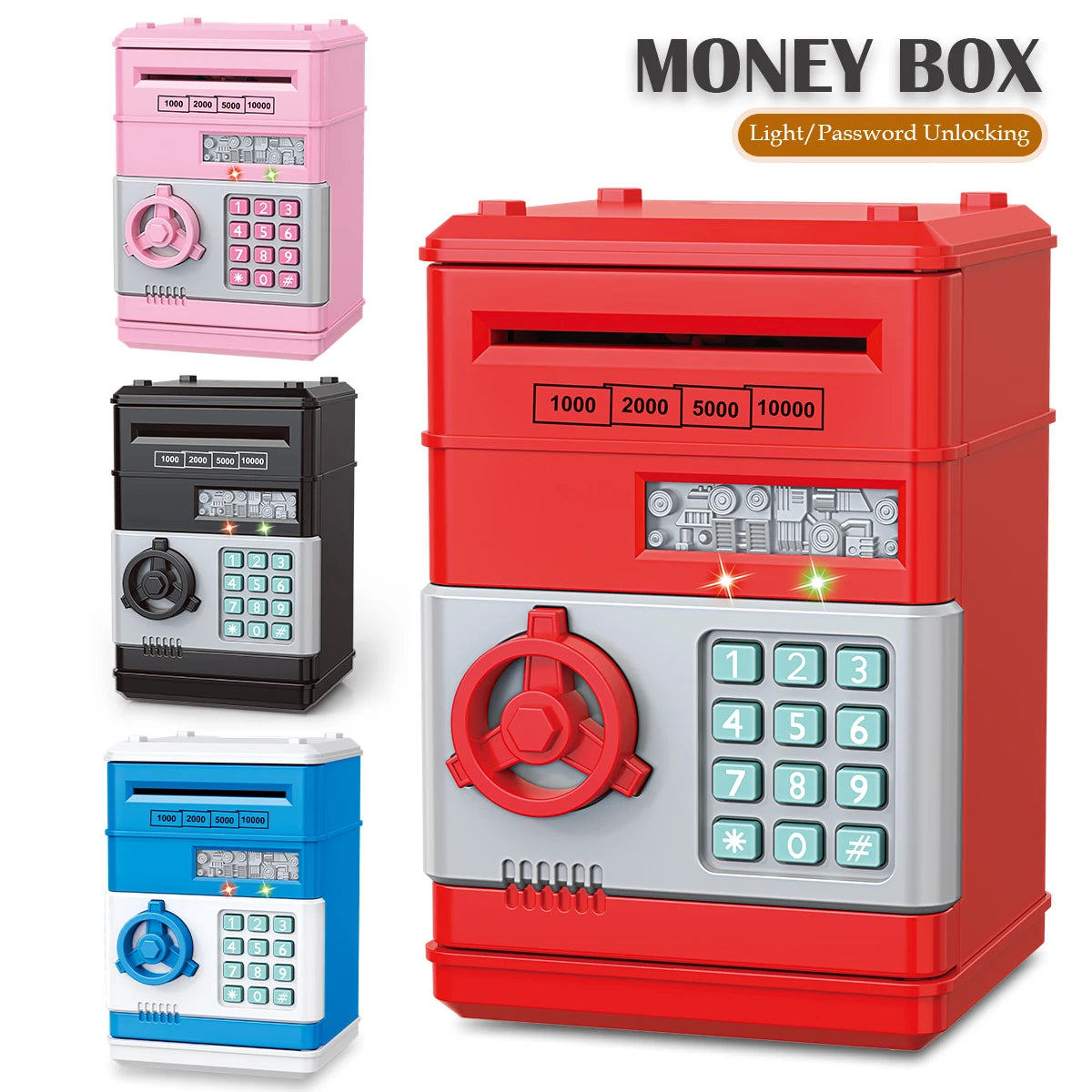 A red money box with a silver lock and keypad, shown in three different configurations.