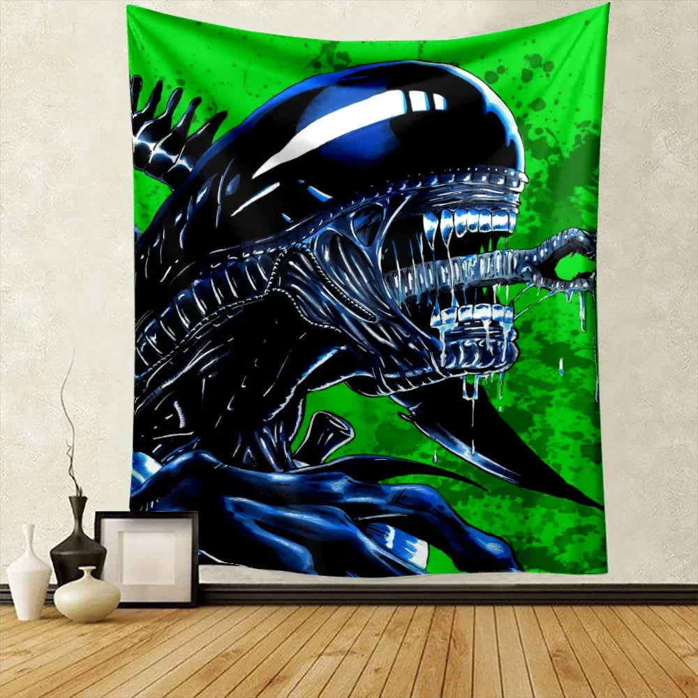 A vibrant green tapestry featuring a menacing black and blue alien head design.