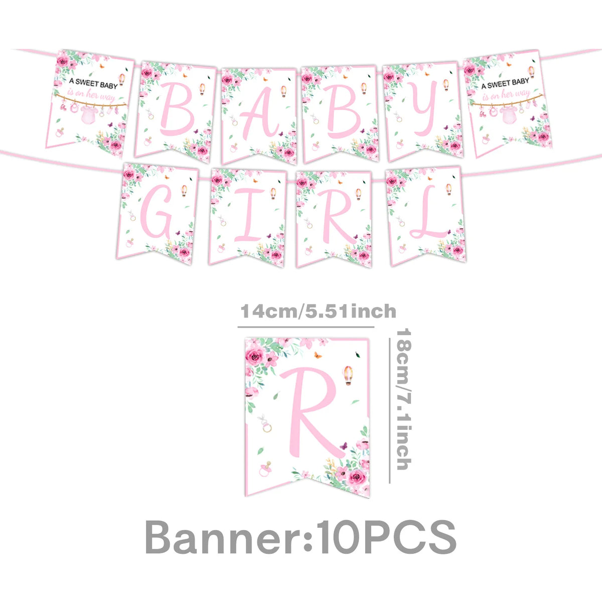 Pink banner set with letters baby girl and a sweet baby design for a baby shower