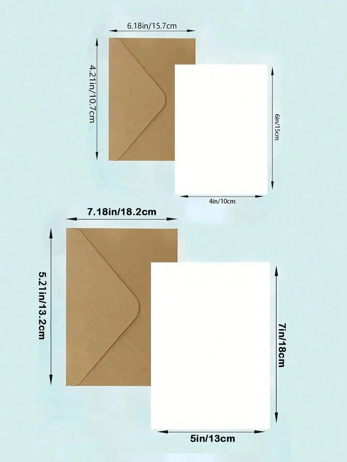 Two personalized photo greeting cards are shown next to their kraft paper envelopes, illustrating the size of the cards and e