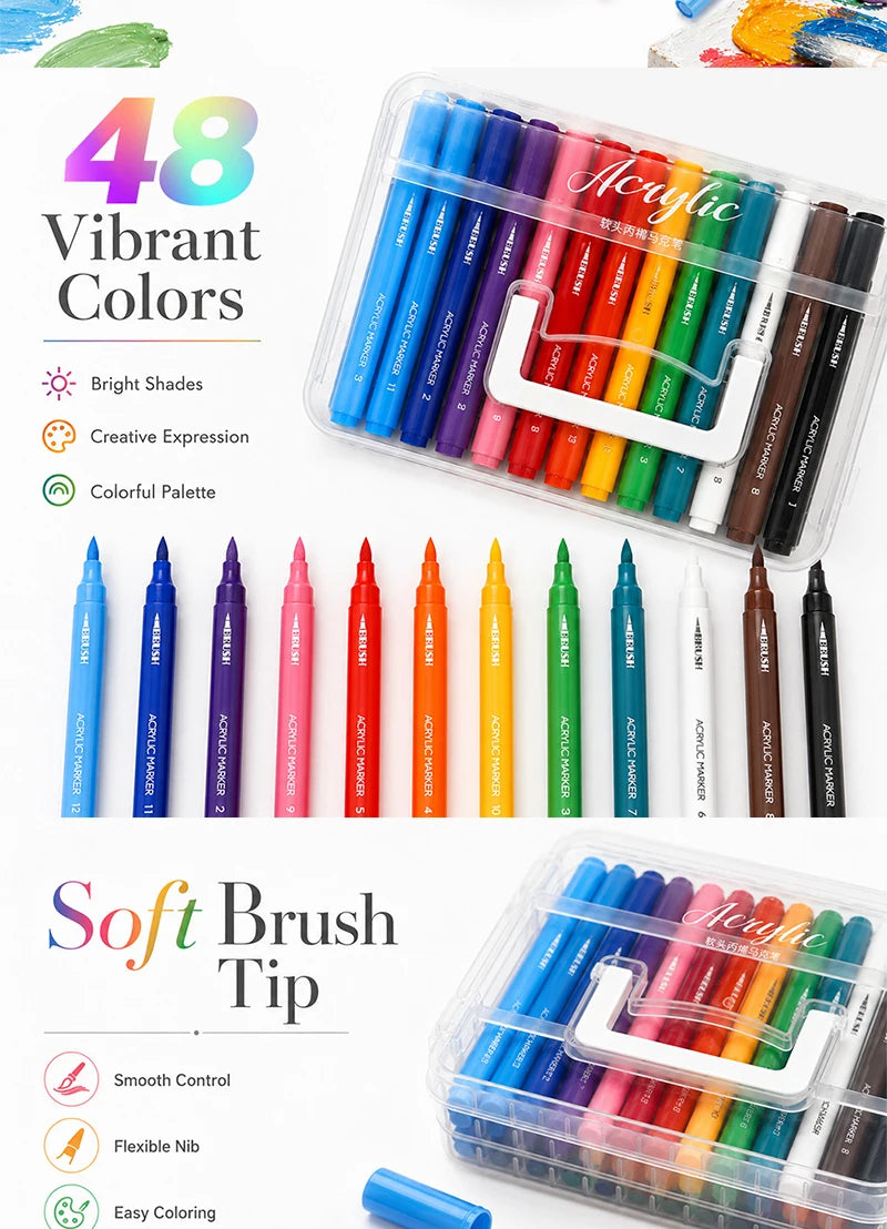 A set of 48 vibrant acrylic paint markers in various shades packaged in a clear plastic case.