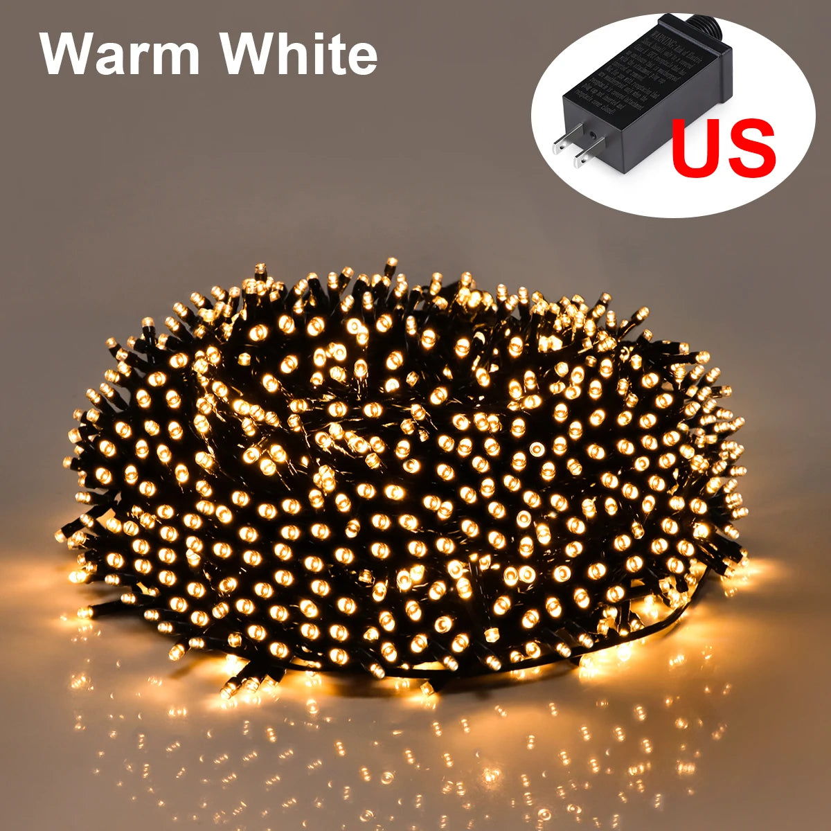Warm white LED string lights illuminating a dark background and a component diagram.