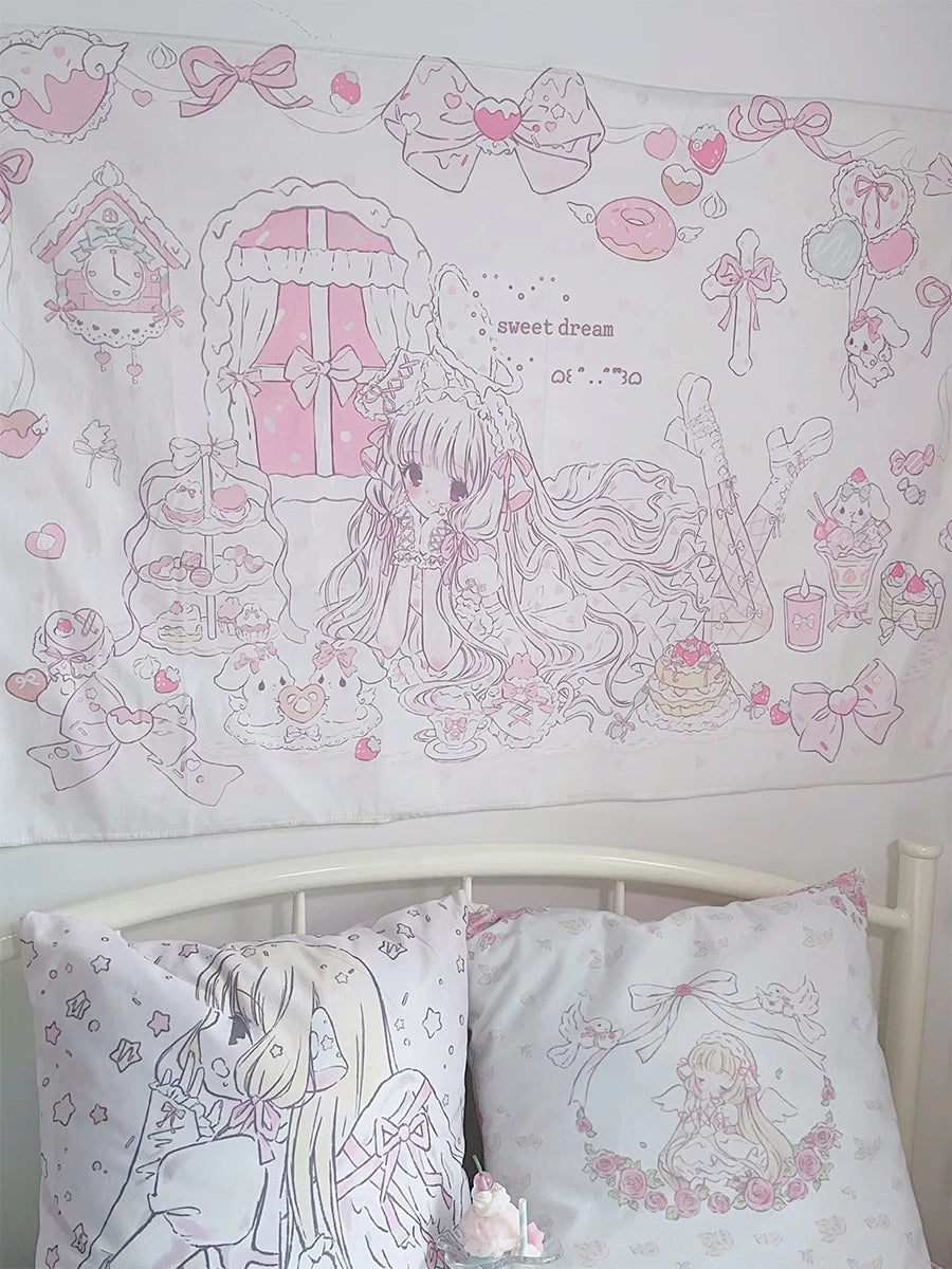 A white tapestry wall hanging featuring a sweet dream theme with pink and white cartoon characters and hearts.