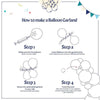 Instructions for making a balloon garland, showing steps to inflate balloons and mount the finished garland.