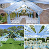 Blue sheer chiffon curtains draped over a chandelier creating an elegant wedding canopy setup.