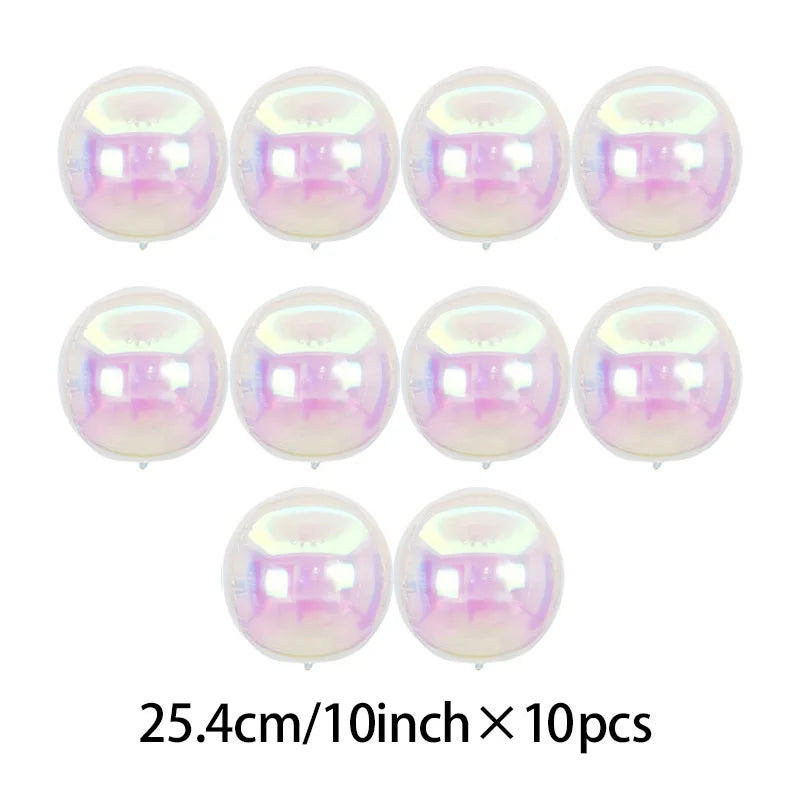 A set of ten iridescent pink and purple foil party balloons.