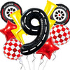 A set of nine foil balloons, including a large number 9 and racing themed balloons in yellow and red.