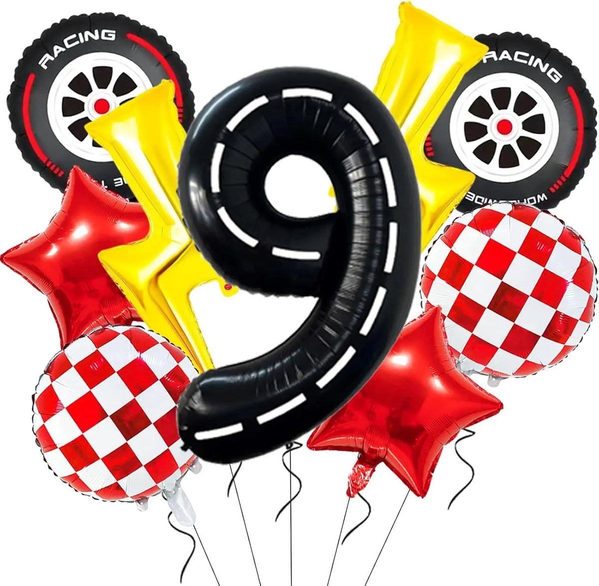 A set of nine foil balloons, including a large number 9 and racing themed balloons in yellow and red.