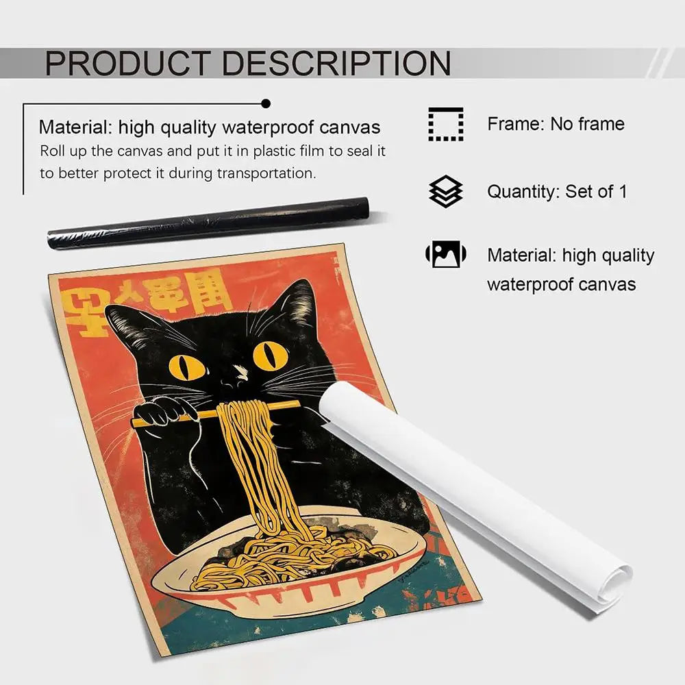 A rolled canvas poster featuring a black cat eating noodles, used for art or decoration.