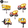 Five 16-inch construction truck foil balloons in yellow and red for birthday party decor