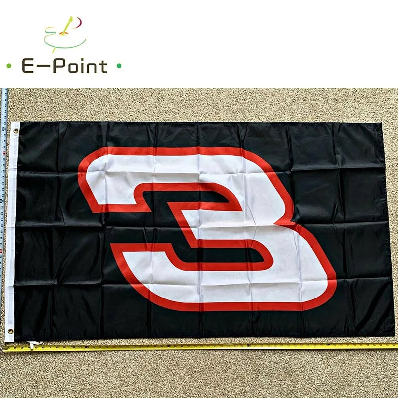 A black flag banner featuring a large red and white stylized number 3 design.