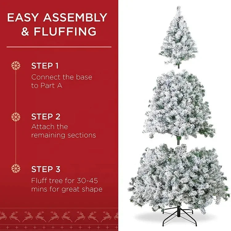 Instructions for easy assembly and fluffing a flocked artificial Christmas tree.