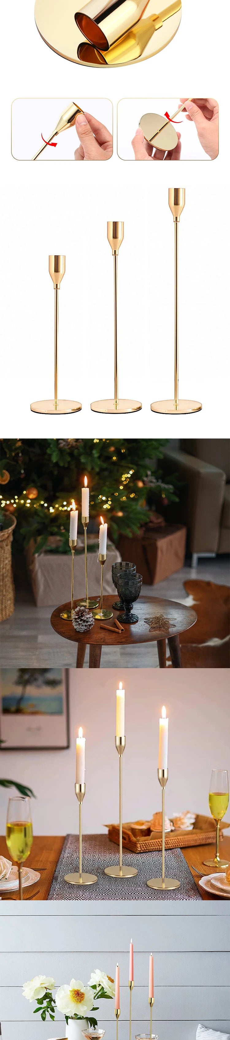 A set of three elegant gold metal candle holders displayed in various angles.