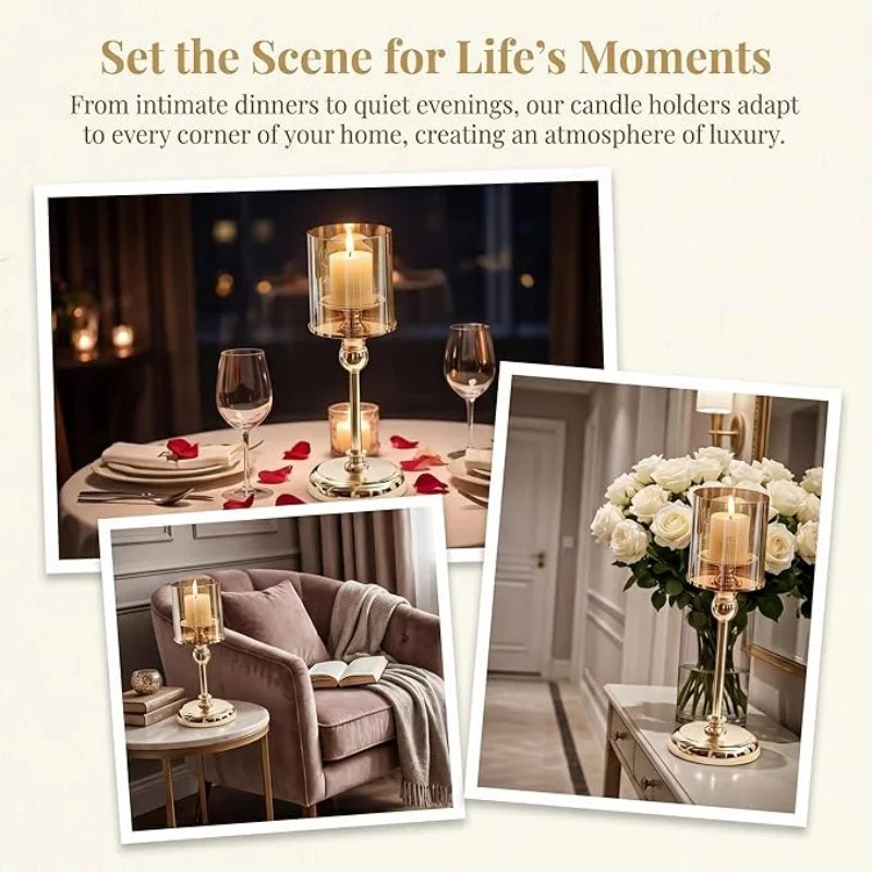A set of classic metal pillar candle holders used for home decor and weddings, displayed in various elegant settings.
