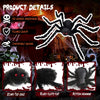 A black plush spider decoration with scary red eyes, fluffy fur, and bottom hemming.