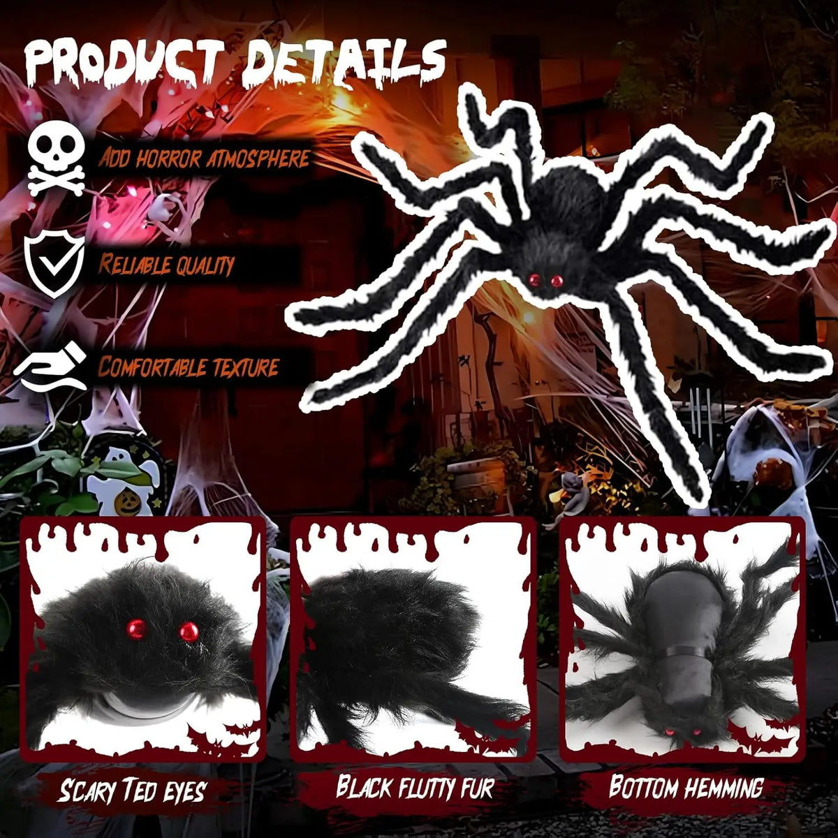 A black plush spider decoration with scary red eyes, fluffy fur, and bottom hemming.