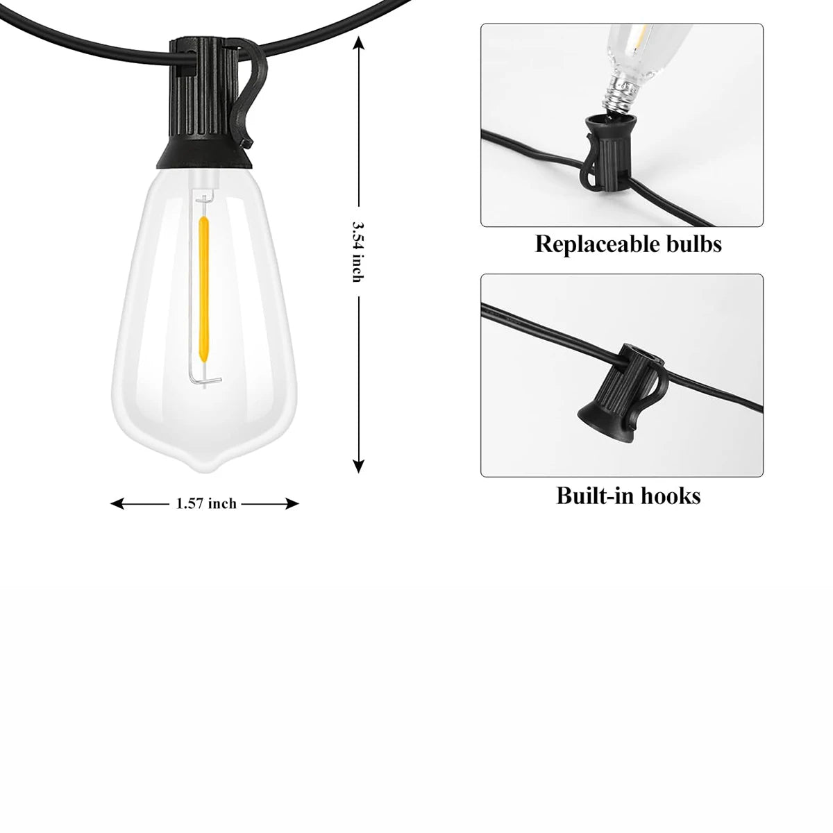 A clear glass light bulb with a yellow filament and a black fixture, showing dimensions and replacement bulbs.